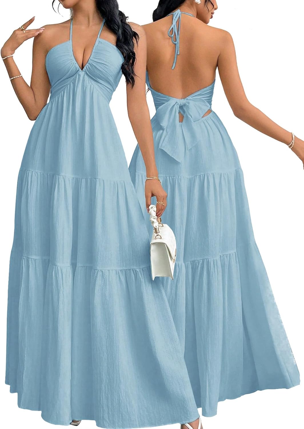 Narecte Women's Maxi Summer Dresses Halter V Neck Beach Dresses for Women A-Line Casual Dress for Vacation