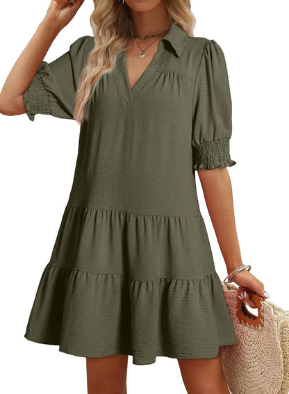 Women's Smocked Sleeve Tiered V-Neck Mini Dress