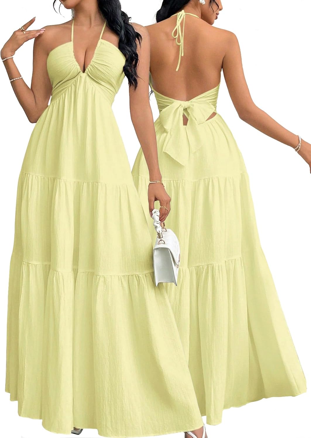 Narecte Women's Maxi Summer Dresses Halter V Neck Beach Dresses for Women A-Line Casual Dress for Vacation
