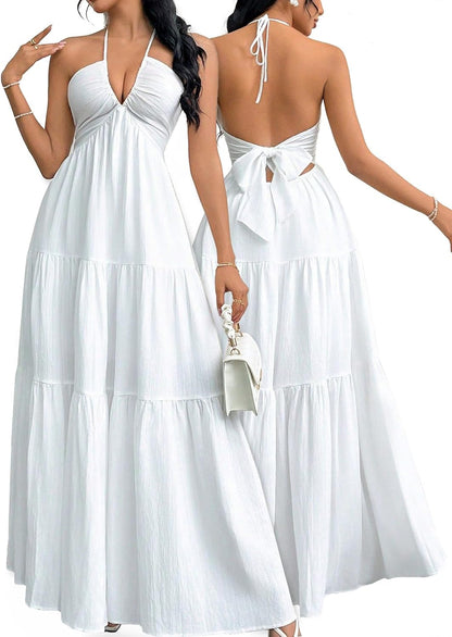 Narecte Women's Maxi Summer Dresses Halter V Neck Beach Dresses for Women A-Line Casual Dress for Vacation