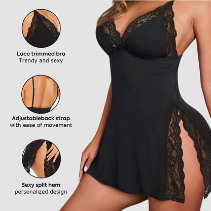 Lace Trim Slit Bowknot Decor Sleep Dress