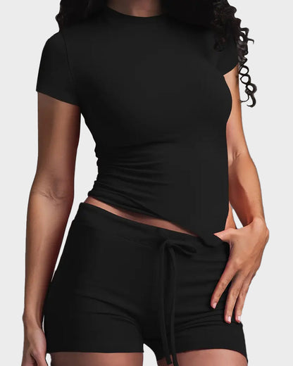 Solid Color Round Neck Casual Two-Piece Set