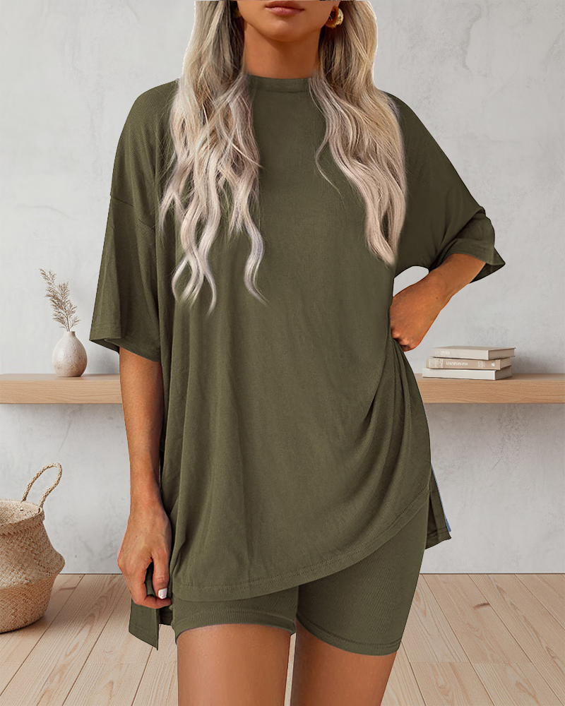 Casual Oversized 2-Piece Lounge Set with Crewneck & Split Hem