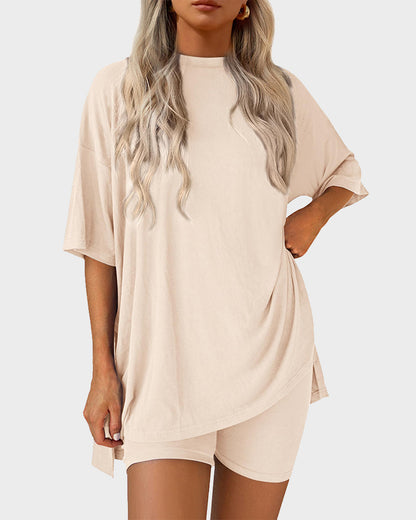 Casual Oversized 2-Piece Lounge Set with Crewneck & Split Hem