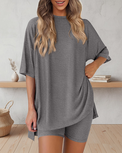 Casual Oversized 2-Piece Lounge Set with Crewneck & Split Hem