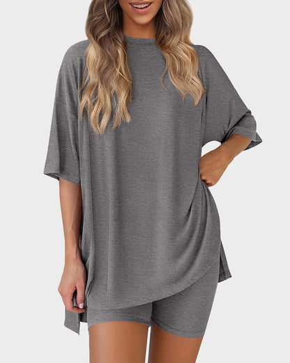 Casual Oversized 2-Piece Lounge Set with Crewneck & Split Hem