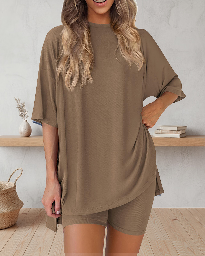 Casual Oversized 2-Piece Lounge Set with Crewneck & Split Hem