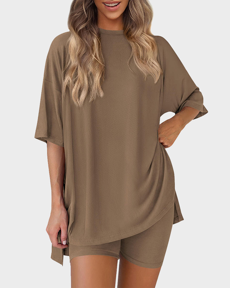 Casual Oversized 2-Piece Lounge Set with Crewneck & Split Hem