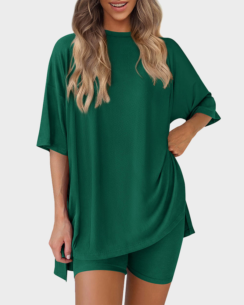 Casual Oversized 2-Piece Lounge Set with Crewneck & Split Hem