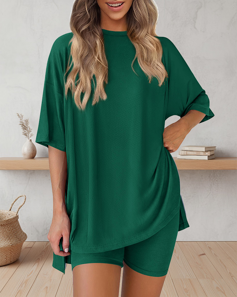 Casual Oversized 2-Piece Lounge Set with Crewneck & Split Hem