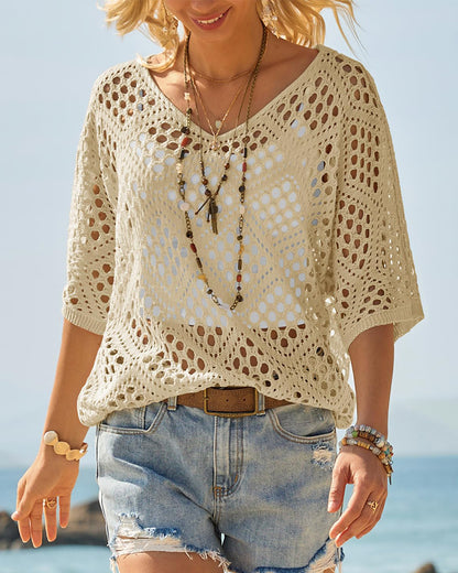 Women's Bohemian-Inspired Beige Crochet Top with V-Neck