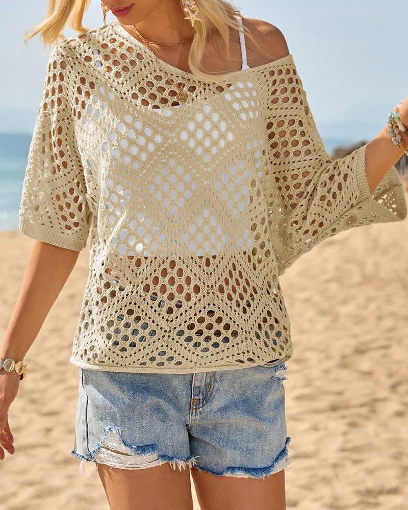 Women's Bohemian-Inspired Beige Crochet Top with V-Neck