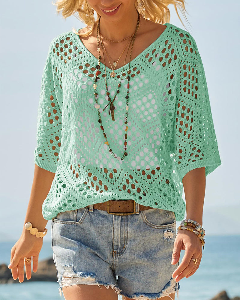 Women's Bohemian-Inspired Beige Crochet Top with V-Neck