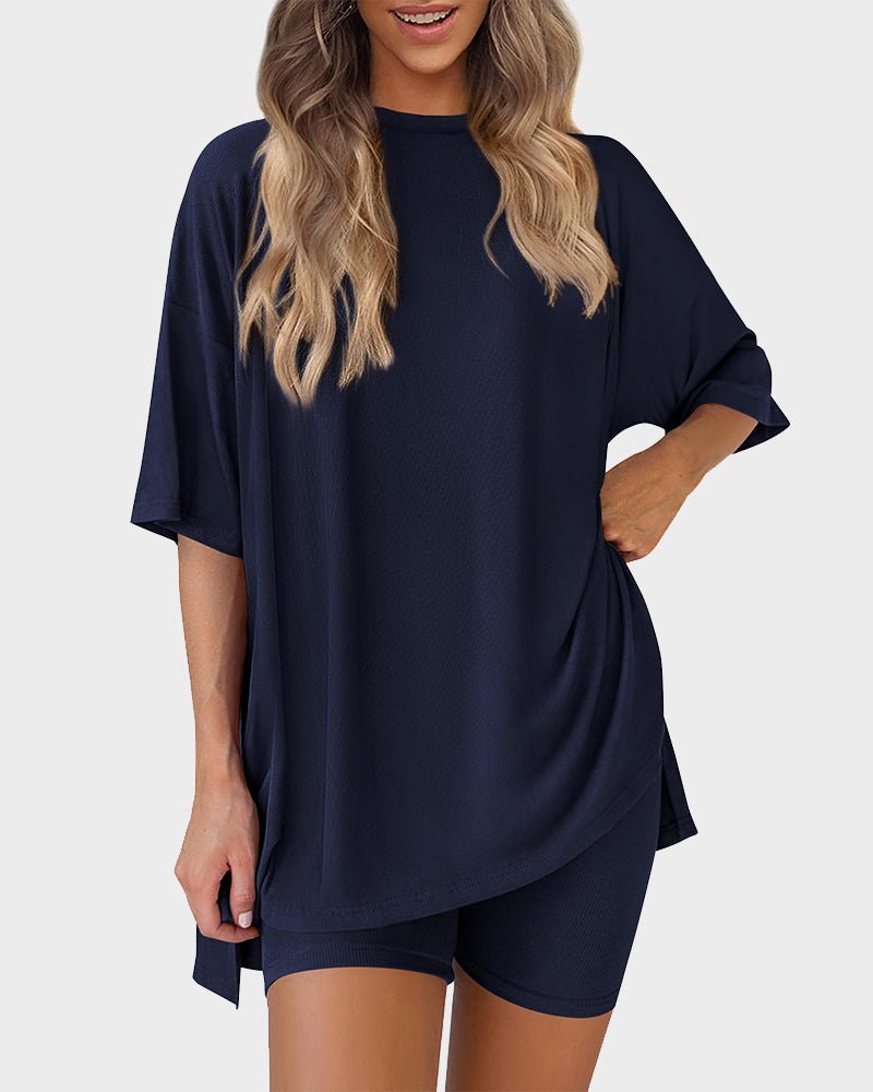 Casual Oversized 2-Piece Lounge Set with Crewneck & Split Hem