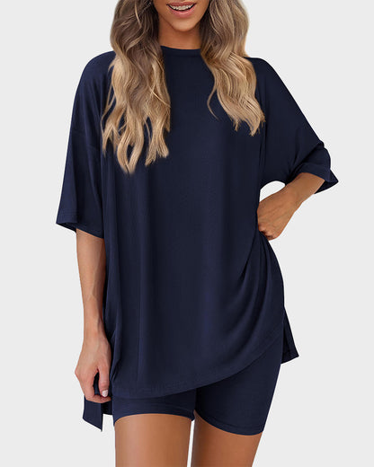 Casual Oversized 2-Piece Lounge Set with Crewneck & Split Hem