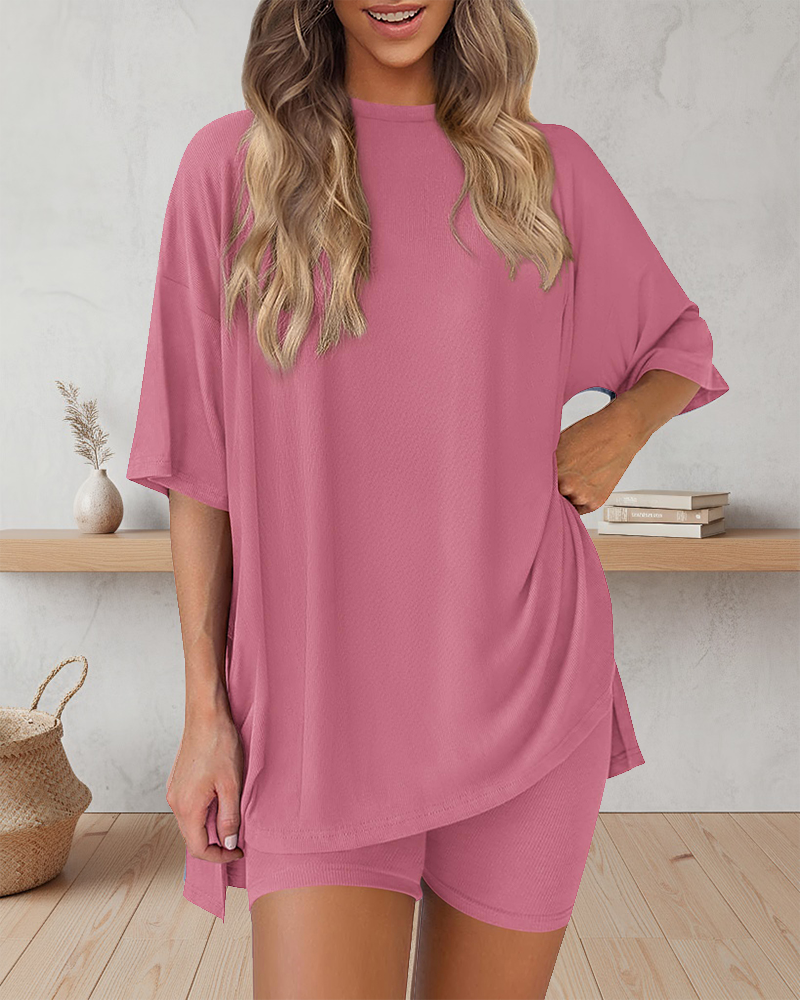 Casual Oversized 2-Piece Lounge Set with Crewneck & Split Hem