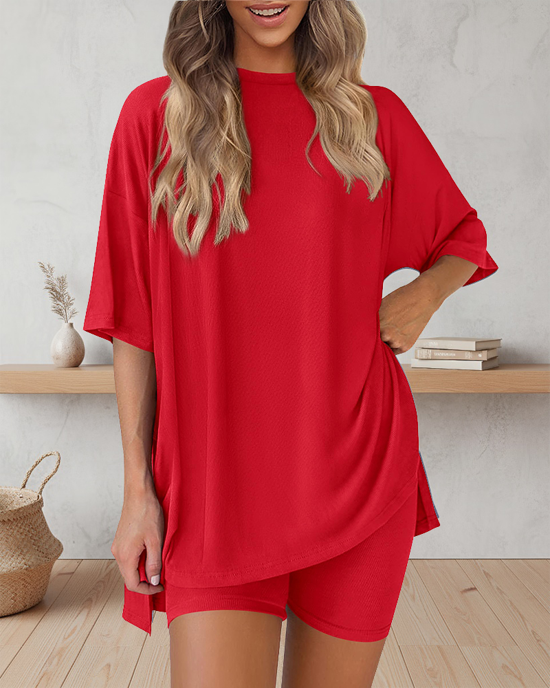 Casual Oversized 2-Piece Lounge Set with Crewneck & Split Hem