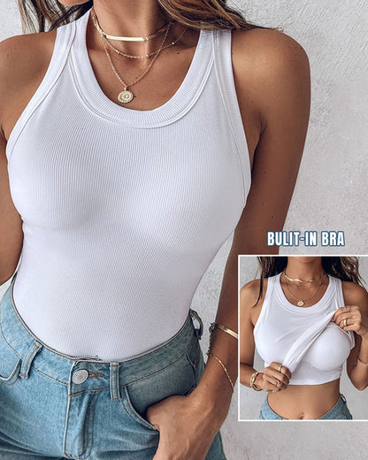 Tank Top with Built in Bra, Round Neck Ribbed Tank Top with Bra Pads