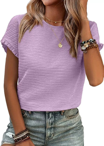 2025 Summer Outfit Womens Short Sleeve Tops Round Neck Ruffle Casual Summer Textured Work T Shirts Tee Blouse