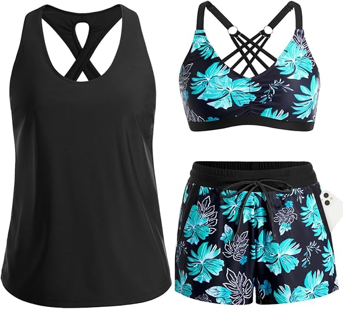 Women's 3-Piece Tankini Swimsuit Set with Shorts