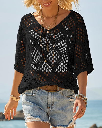 Women's Bohemian-Inspired Beige Crochet Top with V-Neck