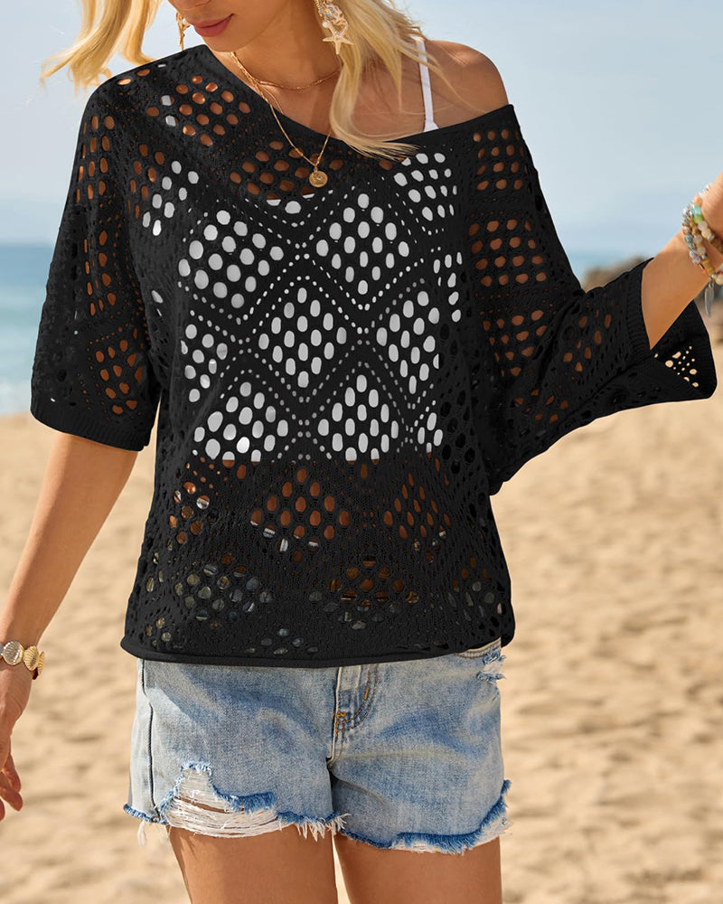 Women's Bohemian-Inspired Beige Crochet Top with V-Neck