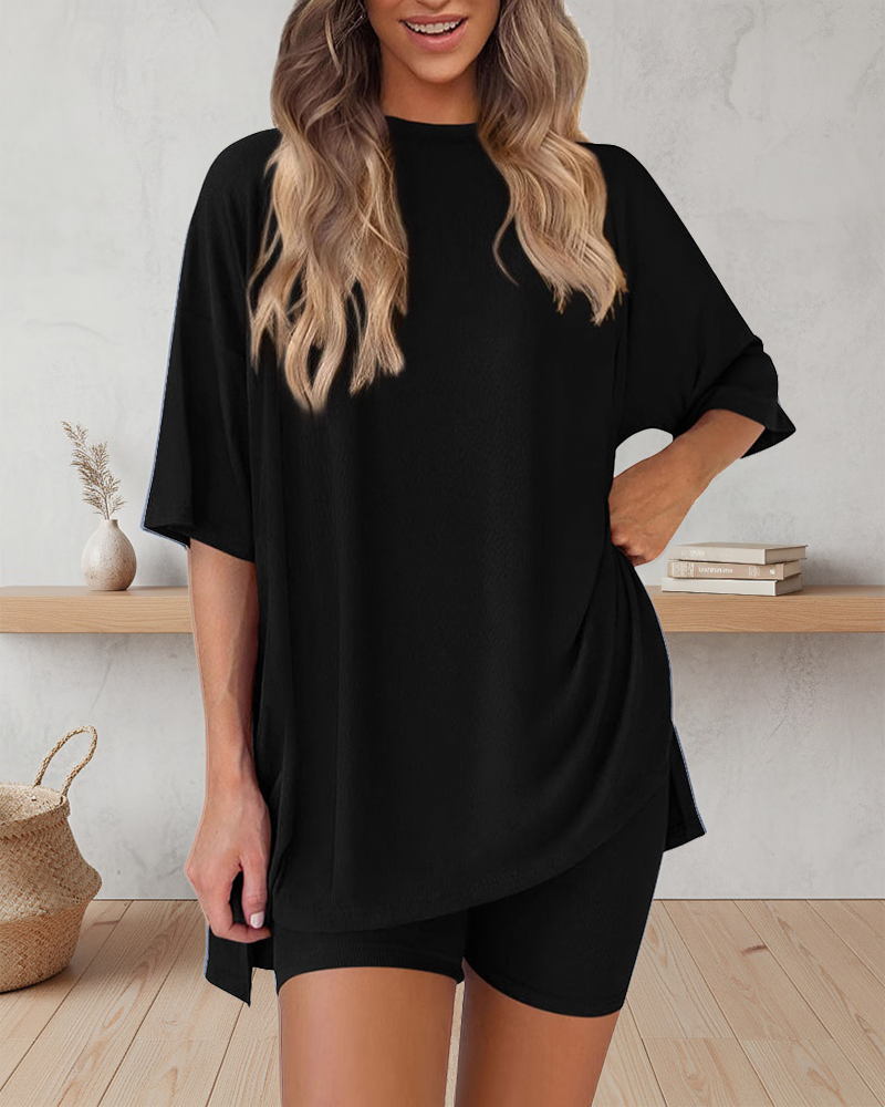 Casual Oversized 2-Piece Lounge Set with Crewneck & Split Hem