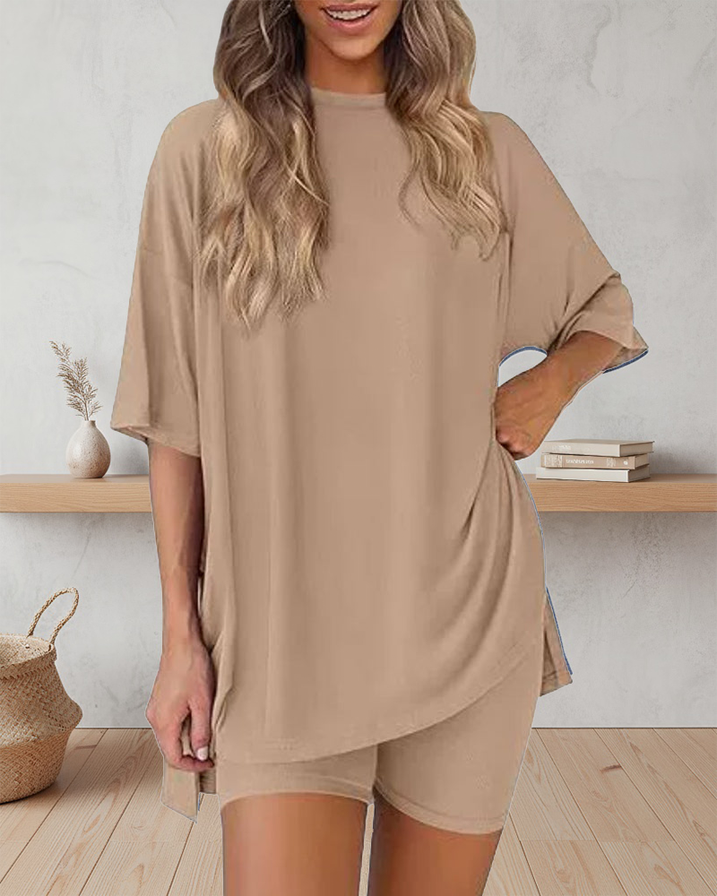 Casual Oversized 2-Piece Lounge Set with Crewneck & Split Hem