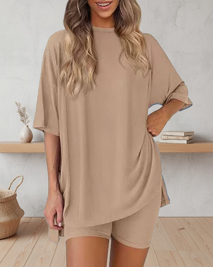 Casual Oversized 2-Piece Lounge Set with Crewneck & Split Hem