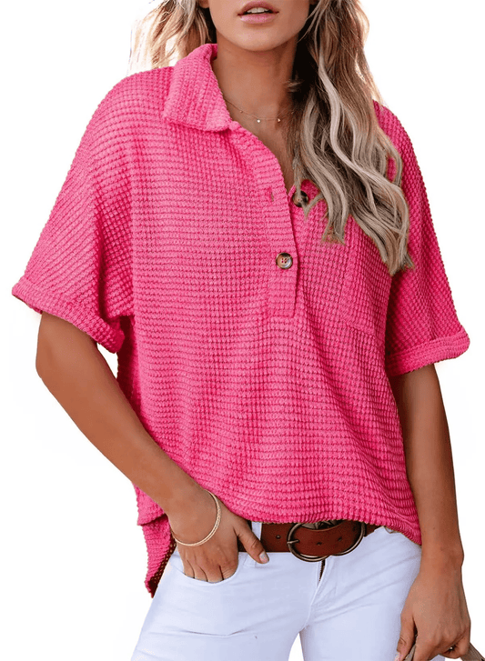 Waffle Knit Short Sleeve Tunic Henley Shirts