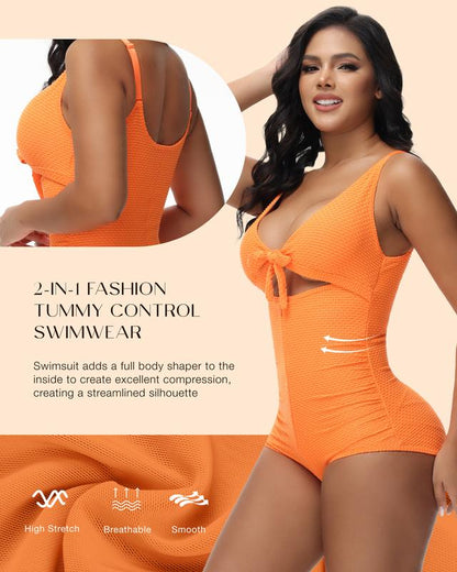 Women's Tummy Control Swimsuit Cut-Out Knot Front Push Up Built-in Shapewear Swimsuit
