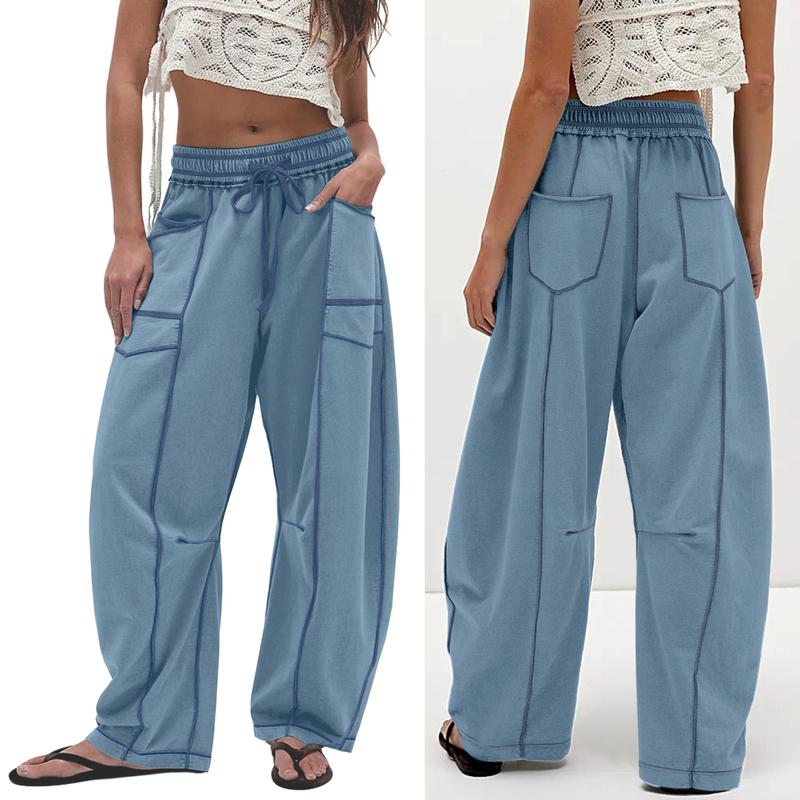 Womens Baggy Barrel Pants Wide Leg Lounge Drawstring Sweatpants with Pockets