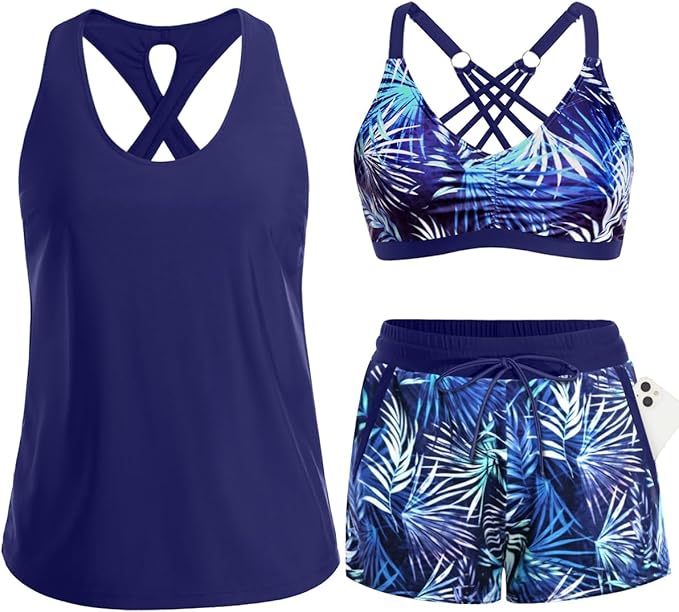 Women's 3-Piece Tankini Swimsuit Set with Shorts