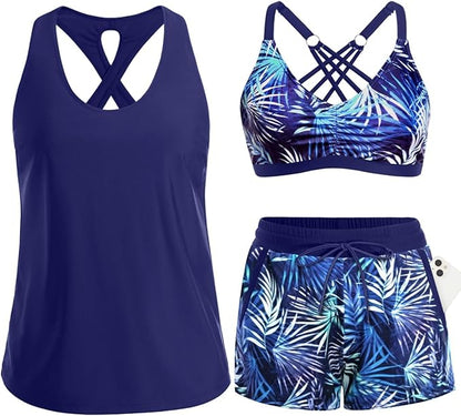Women's 3-Piece Tankini Swimsuit Set with Shorts