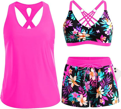Women's 3-Piece Tankini Swimsuit Set with Shorts
