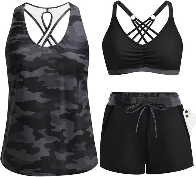 Women's 3-Piece Tankini Swimsuit Set with Shorts