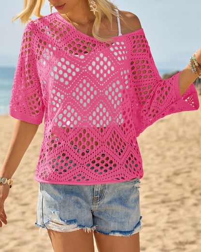 Women's Bohemian-Inspired Beige Crochet Top with V-Neck