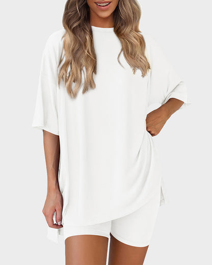 Casual Oversized 2-Piece Lounge Set with Crewneck & Split Hem